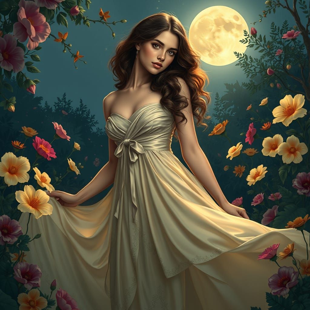 Elegant Woman in Moonlit Garden, Art Nouveau Style