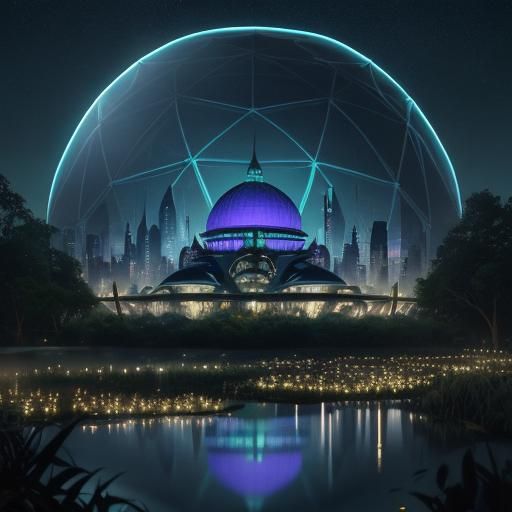 Futuristic Geodesic Dome City at Dusk in Digital Painting