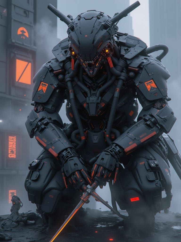 Cyberpunk Ninja on Rooftop with Electric Red LEDs