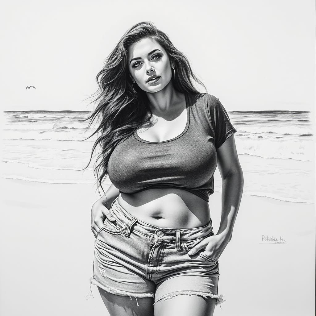 Hyperdetailed Charcoal Drawing of Woman on Beach