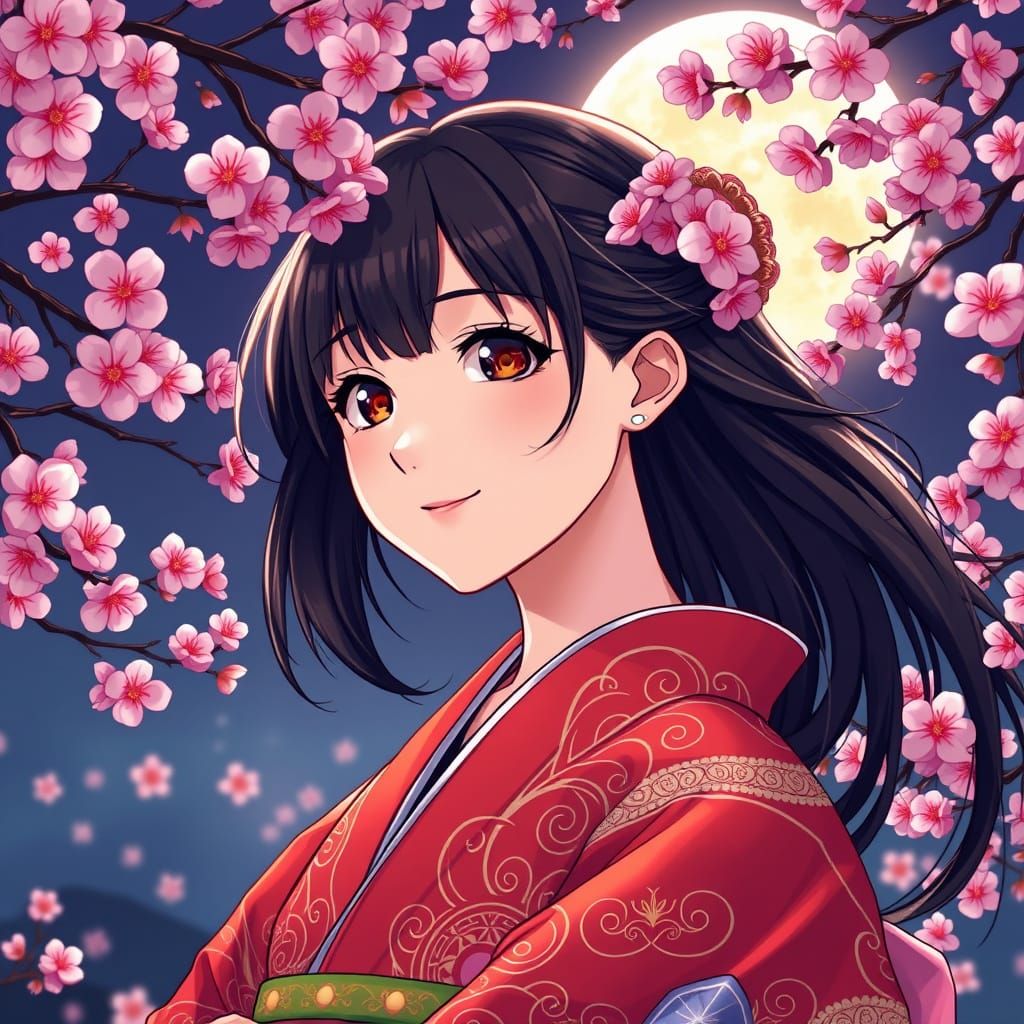 Woman in Kimono Under Moon, Anime Style