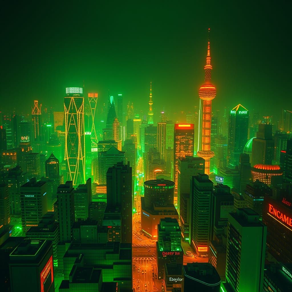 Neon Green and Orange Cityscape at Night