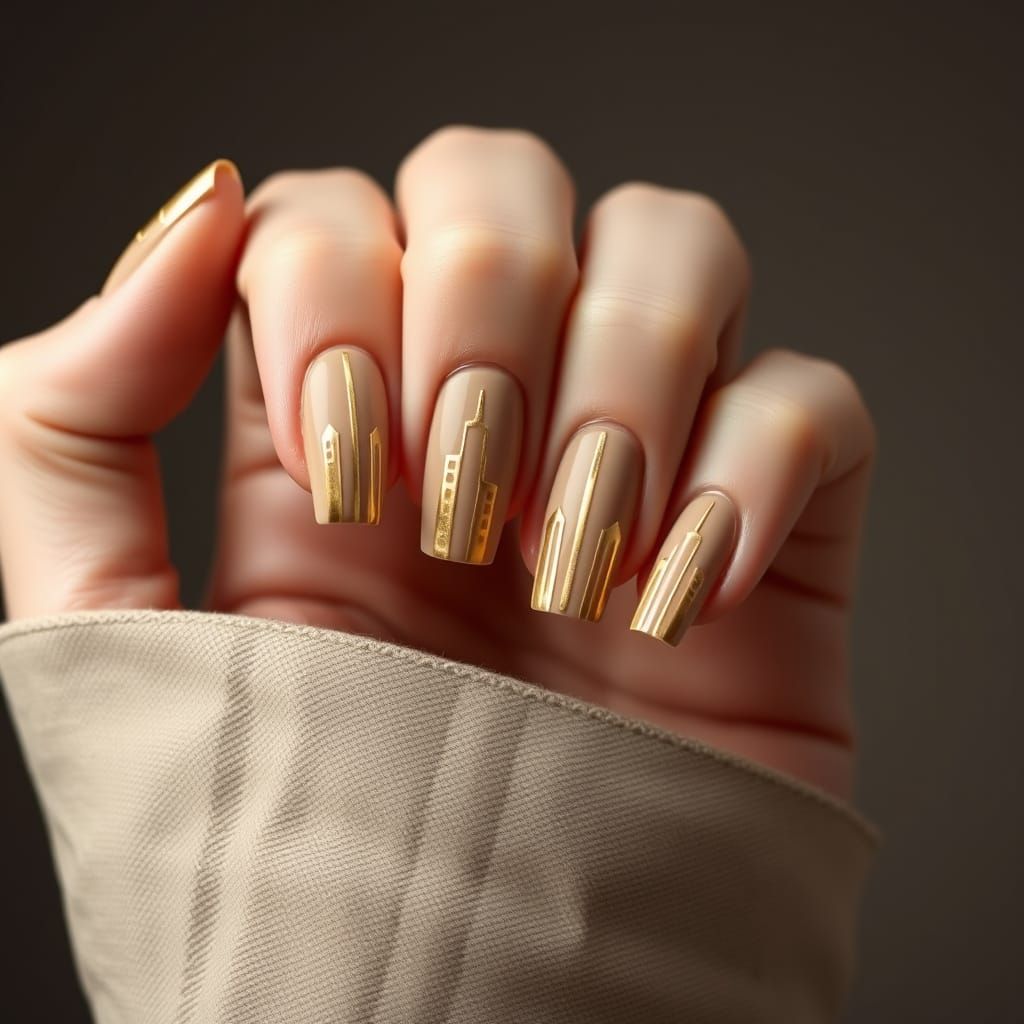 Art Deco Skyscraper Nail Art with Gold Lines