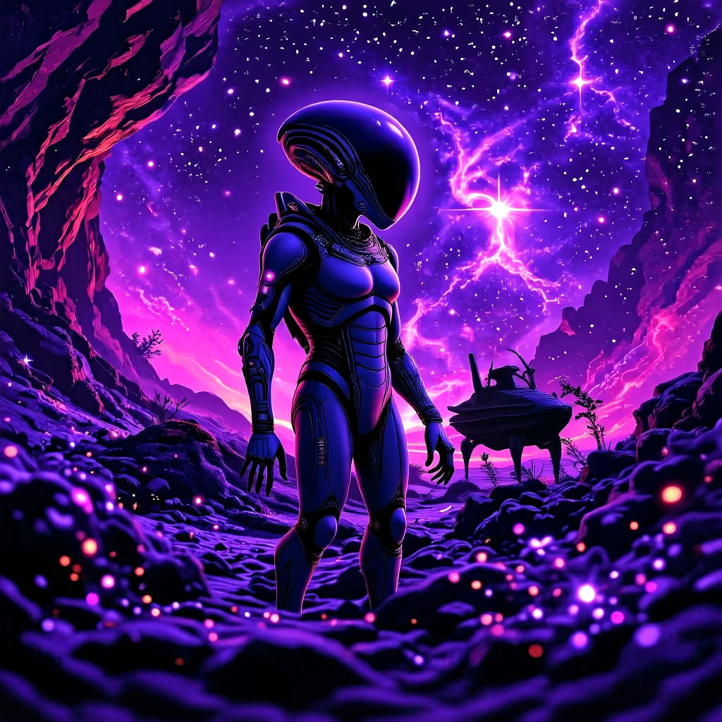 Ethereal Alien in Cosmic Habitat with Bioluminescent Details