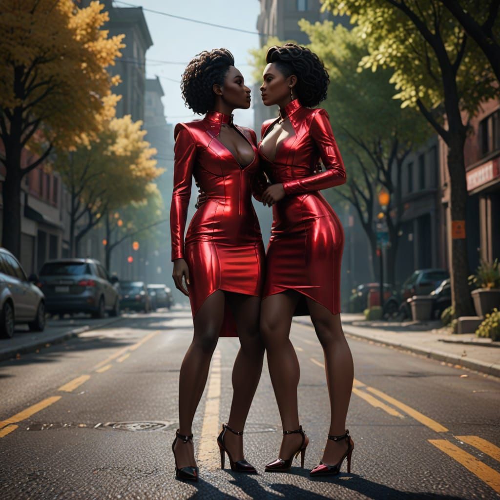 Ebony Goddesses in Red Latex, Kissing on a Public Road