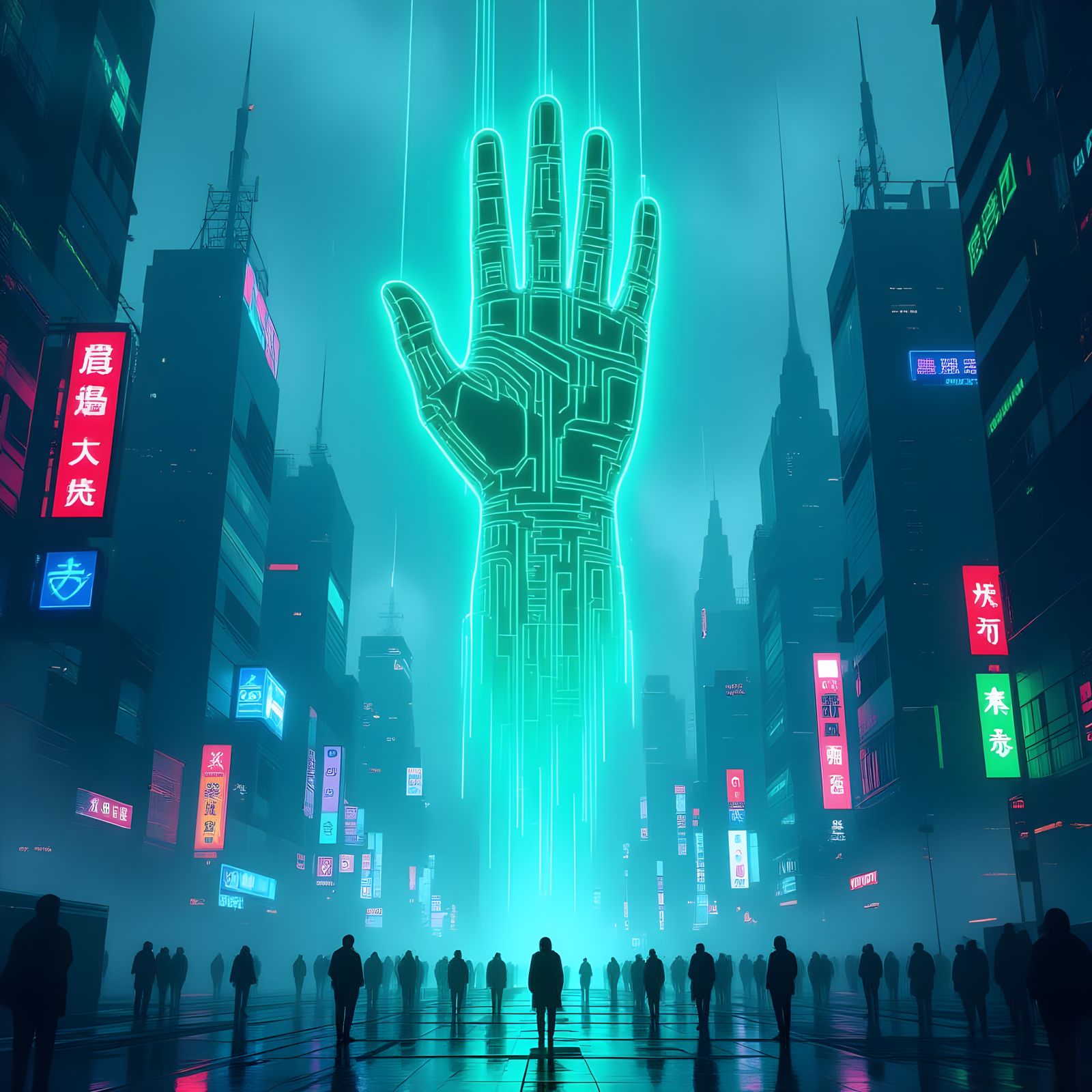 Cyberpunk City with Giant Digital Hand Over Silhouettes