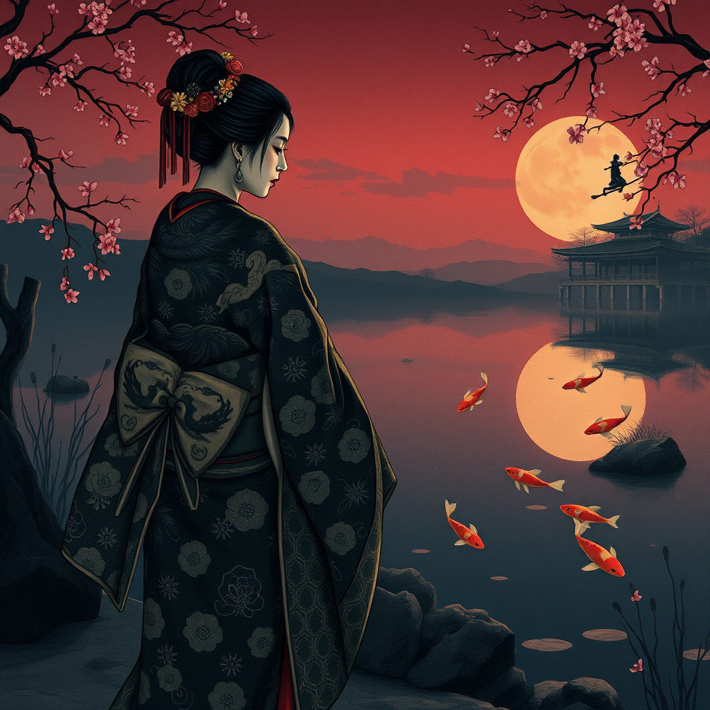 Geisha and Samurai by Koi Pond in Ukiyo-e Style