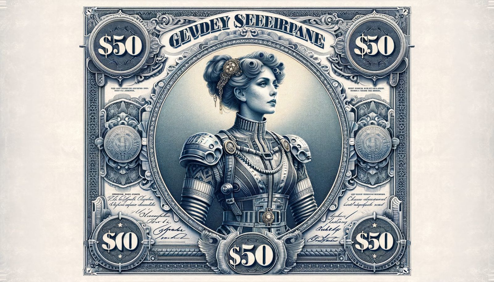 Steampunk Sci-Fi Banknote in 1890s Engraving Style