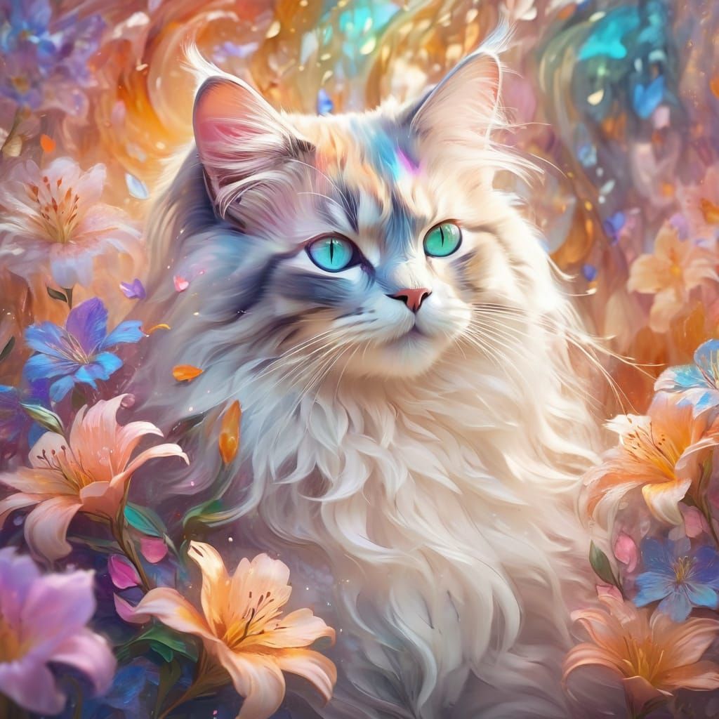 Long-Haired Kitty in Flowers: Impressionistic Digital Art