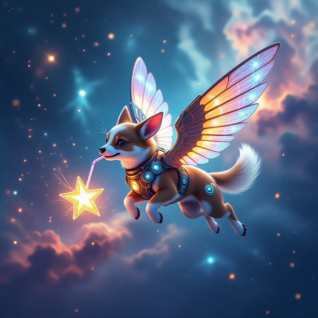 Mechanical-Winged Dog Sipping Star in Nebula