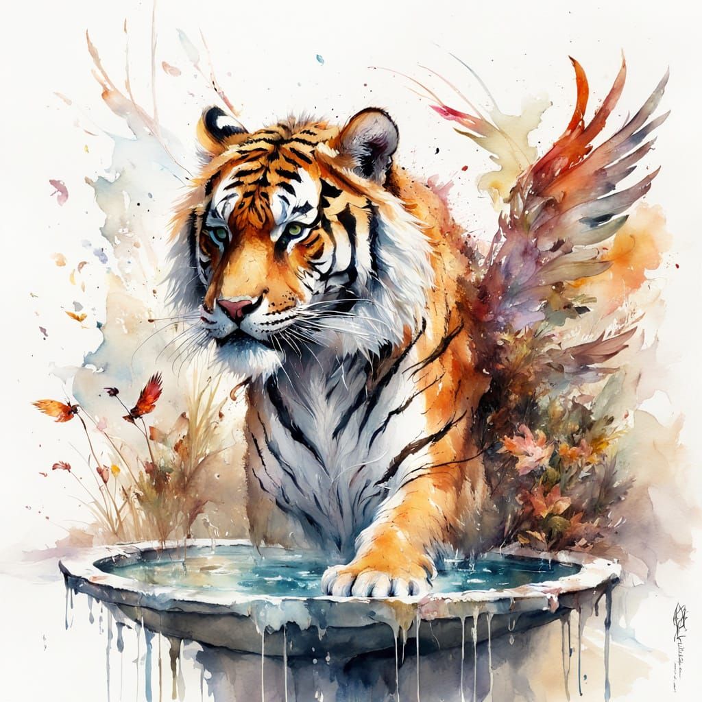 Winged Tiger Drinks Water in Autumn Splendor