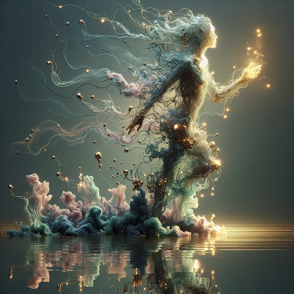 Dissolving Figure in Radiant Gold and Ethereal Ink