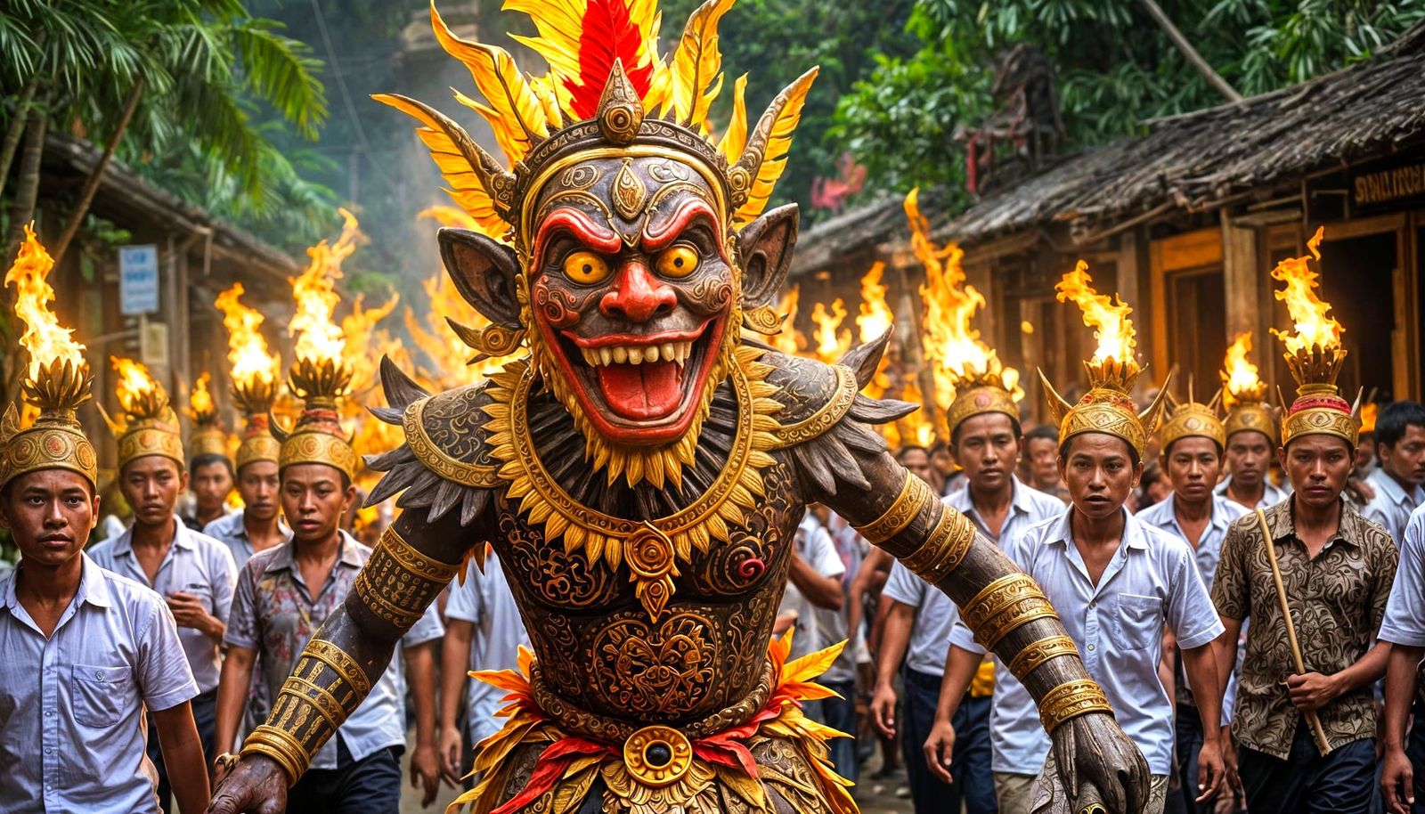 Create a scary Balinese Ogoh Ogoh. Ogoh-Ogohs are larger-than-life effigies crafted by Balinese communities to represent...