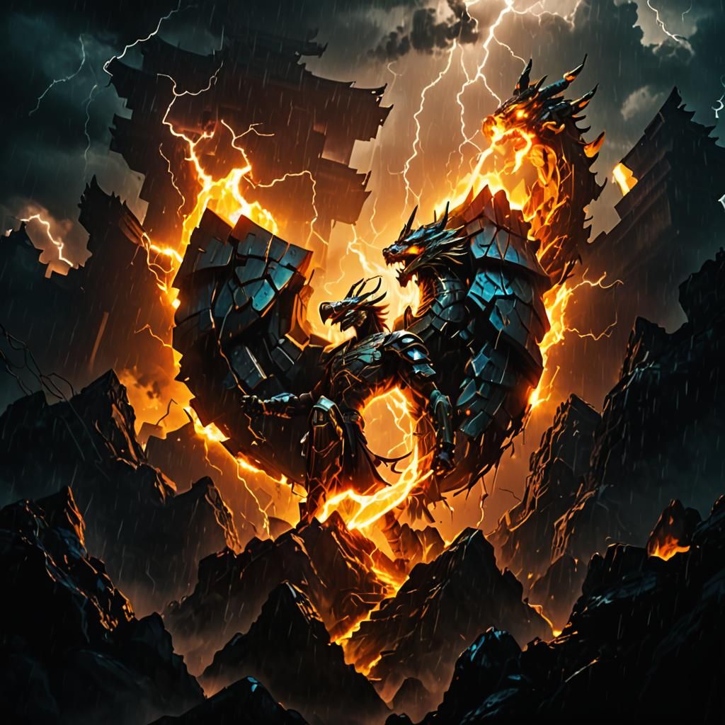 Cyberpunk Temple with Samurai in Electric Storm