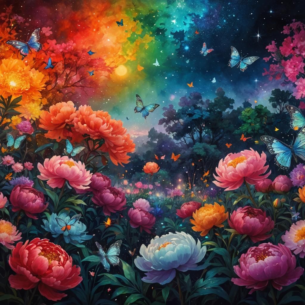 Peony Garden Midnight Explosion in Impasto Style