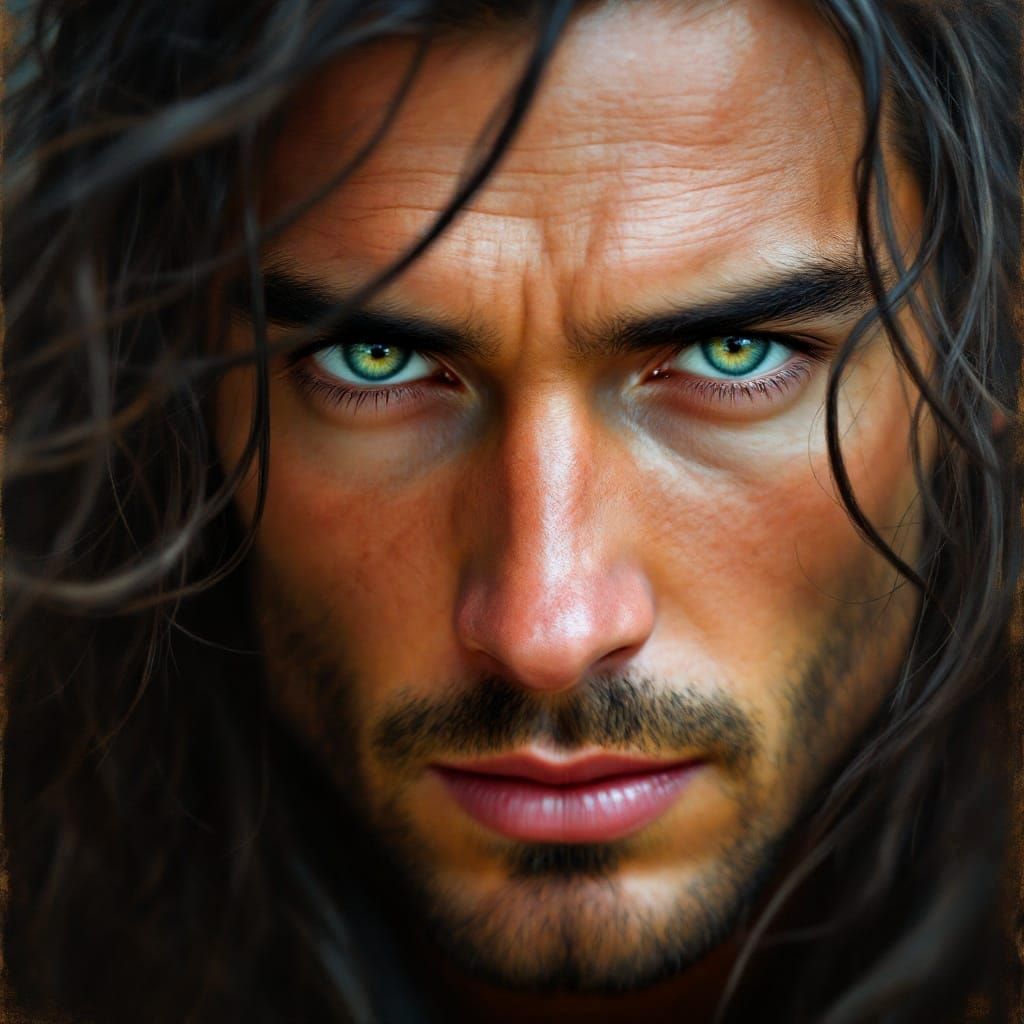 Dramatic Oil Portrait of a Handsome Man with Emerald and Azu...