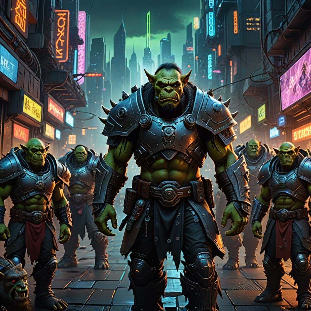 Cybernetic Orcs in Futuristic Cityscape