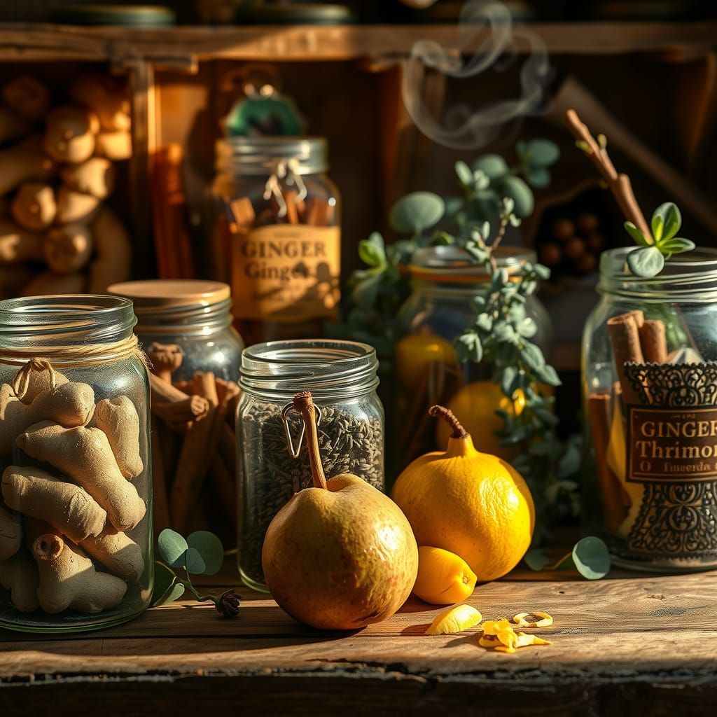 A cozy herbal apothecary scene, jars of ginger, cinnamon sticks, thyme, eucalyptus, warm golden light, protective and co...