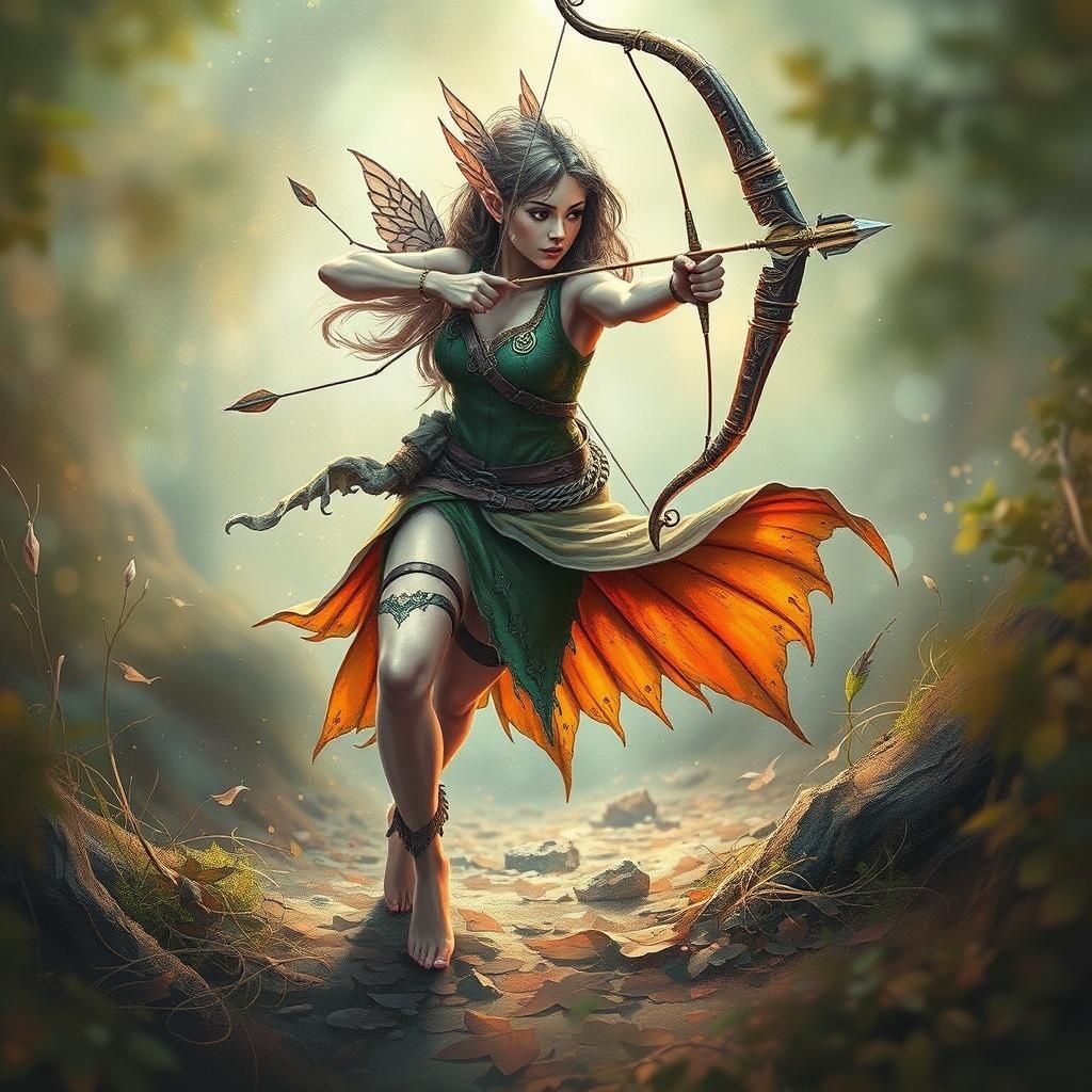 Ethereal Elf Archer Channels Earth Energy: Art Brut Style