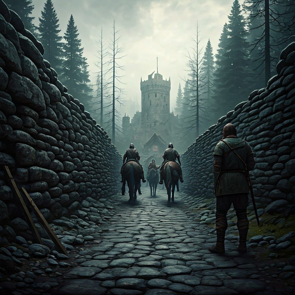 Medieval Soldiers Construct Fortress in Dark Fantasy Landsca...