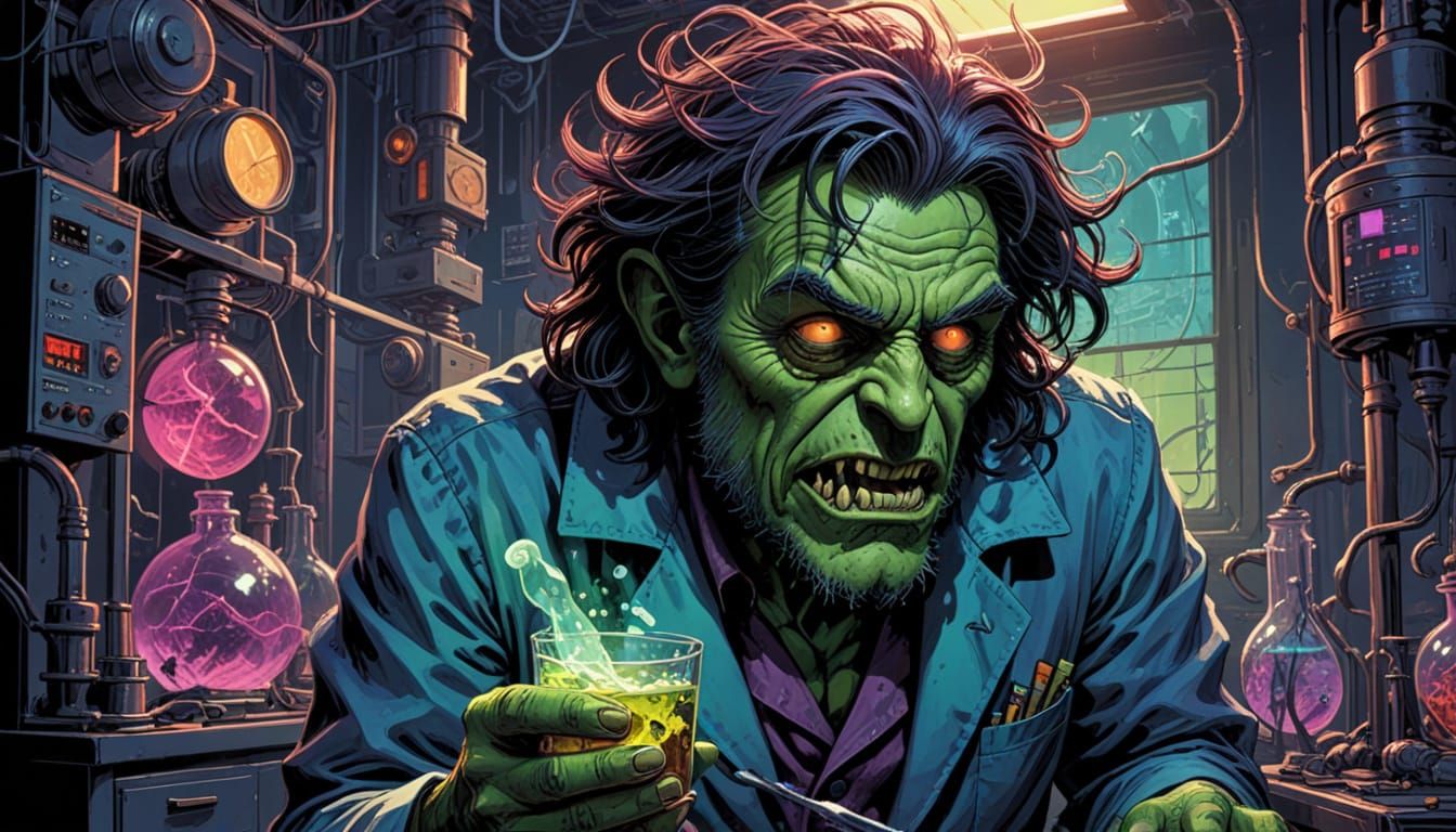 Retro Comic Book Scientist Confronts Monster in a Vibrant La...