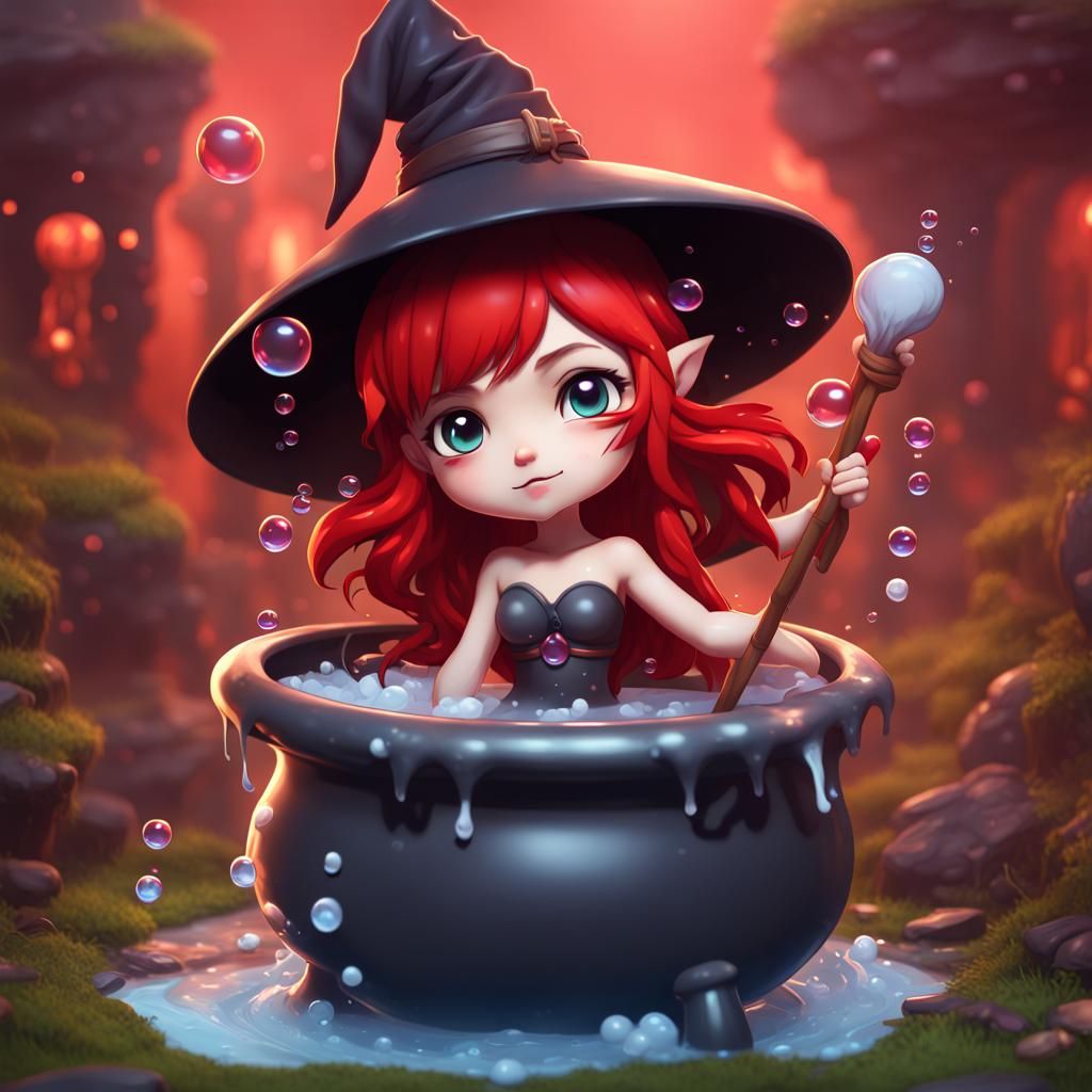 Chibi Witch Bathing in Cauldron, Digital Art