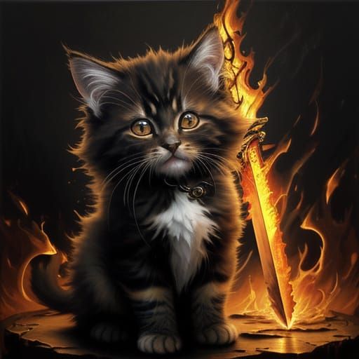 Mystical Kitten Wields Flaming Sword in Dark Chamber