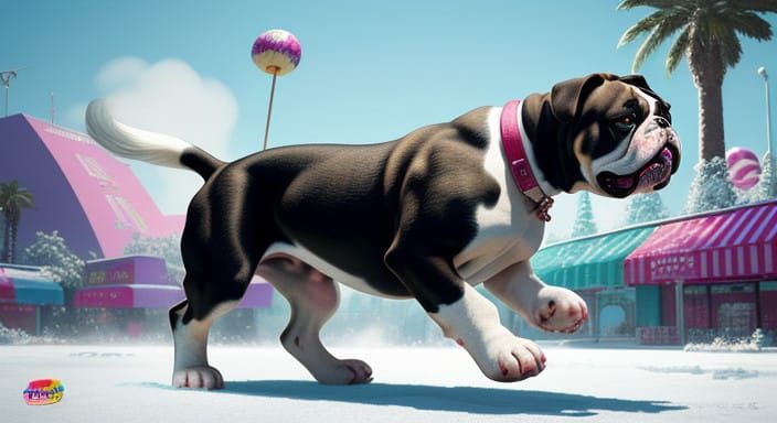 Playful Bulldog Boxer Mix Runs with Football in Whimsical Ca...