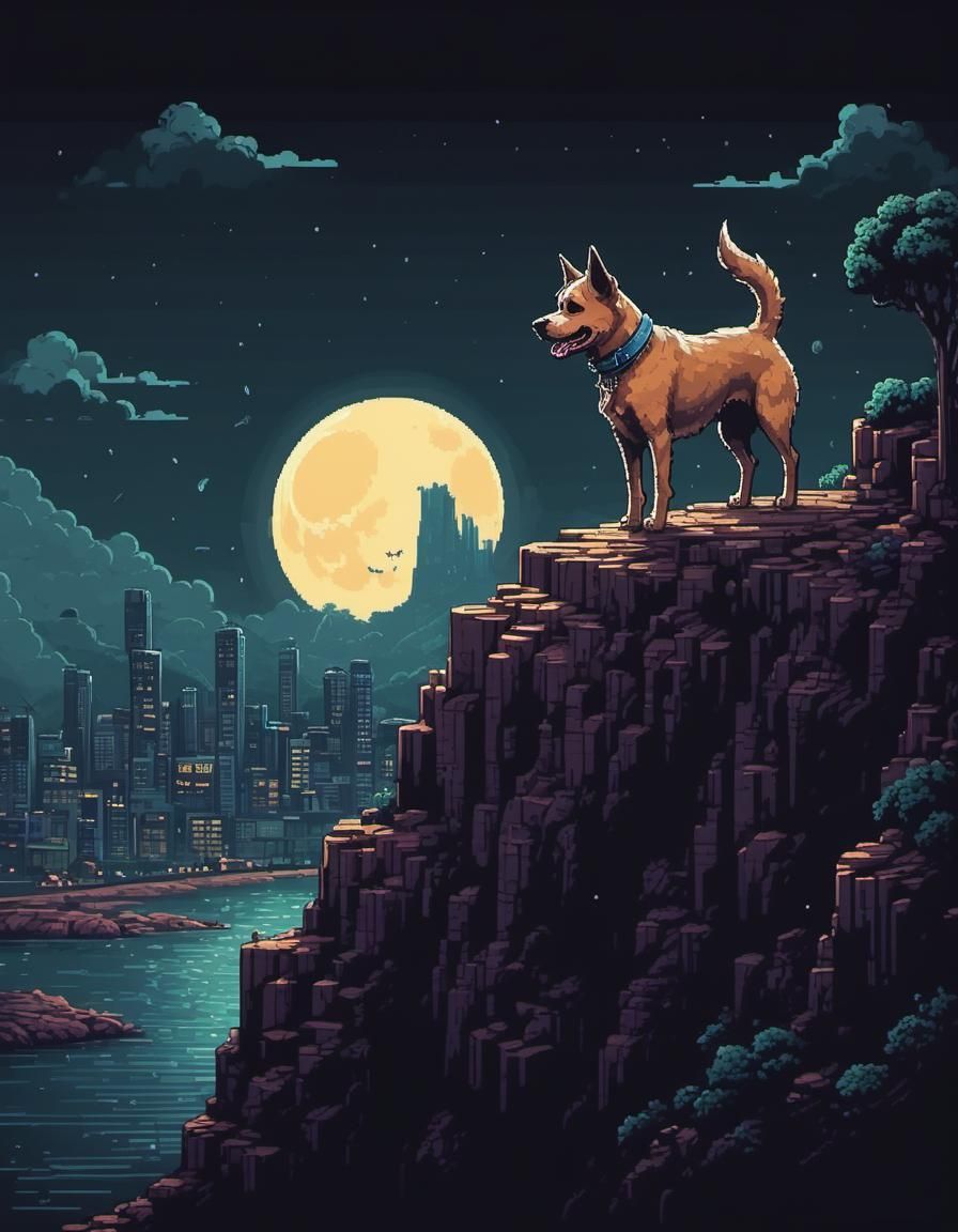 Dog Plays Guitar Under Moon in Pixel Art