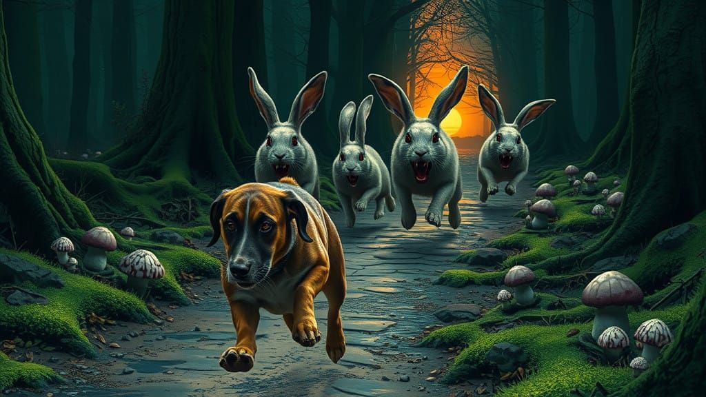 Chilling Chase Scene in Dark Forest with Giant Rabbits