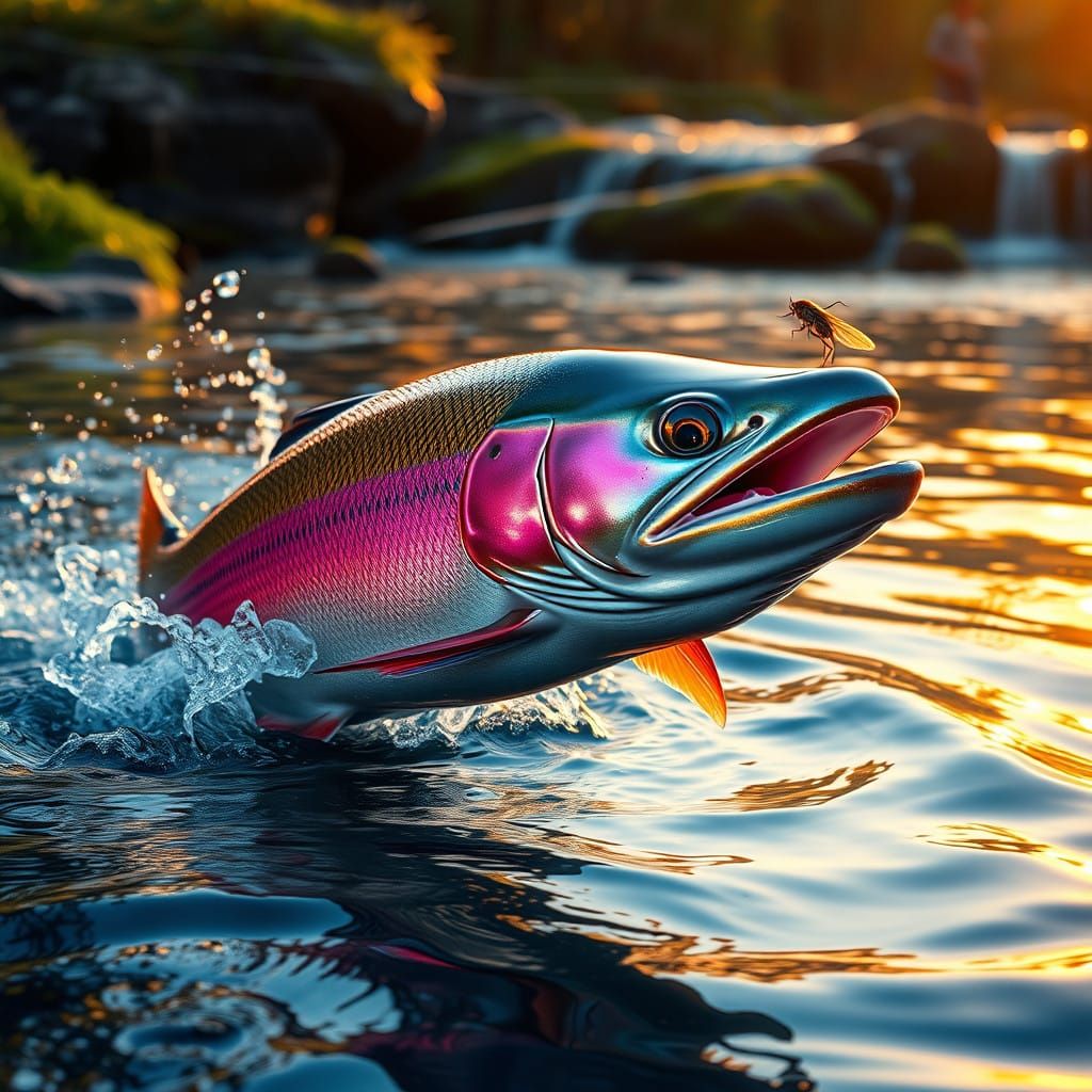 Majestic Rainbow Trout Leaps from River in Vibrant Sunset Sc...