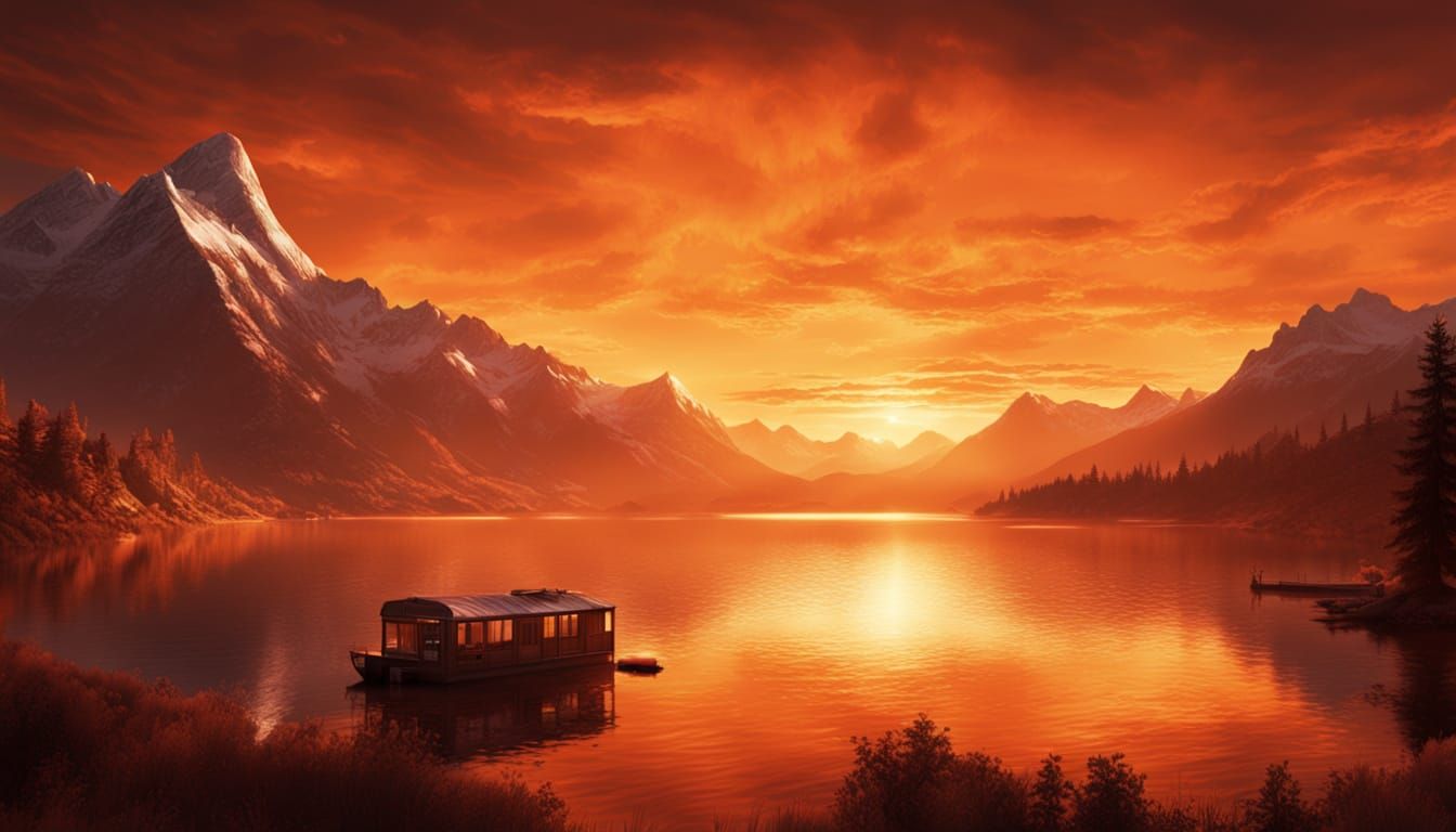 Vibrant Orange Sunset Over Lake and Mountains