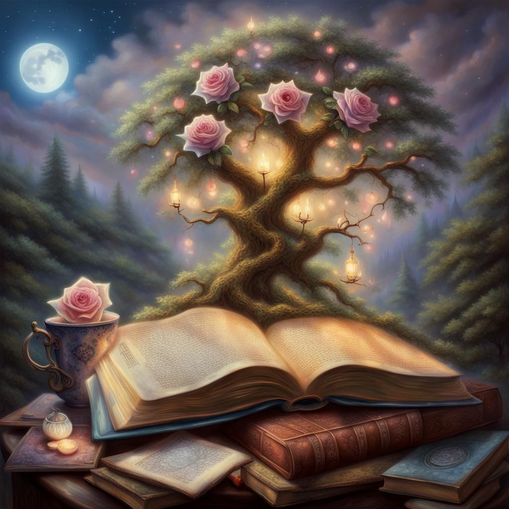 Ethereal Still Life: Spellbooks, Moonlight, and Tea