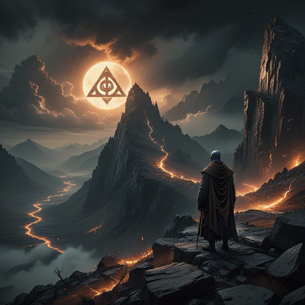 Monk Gazes at Corrupted City on Mountain Peak