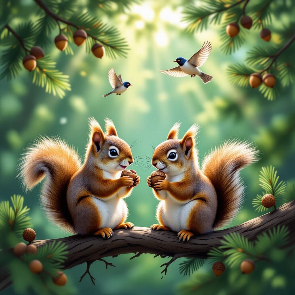 Sunlit Pine Forest with Squirrels