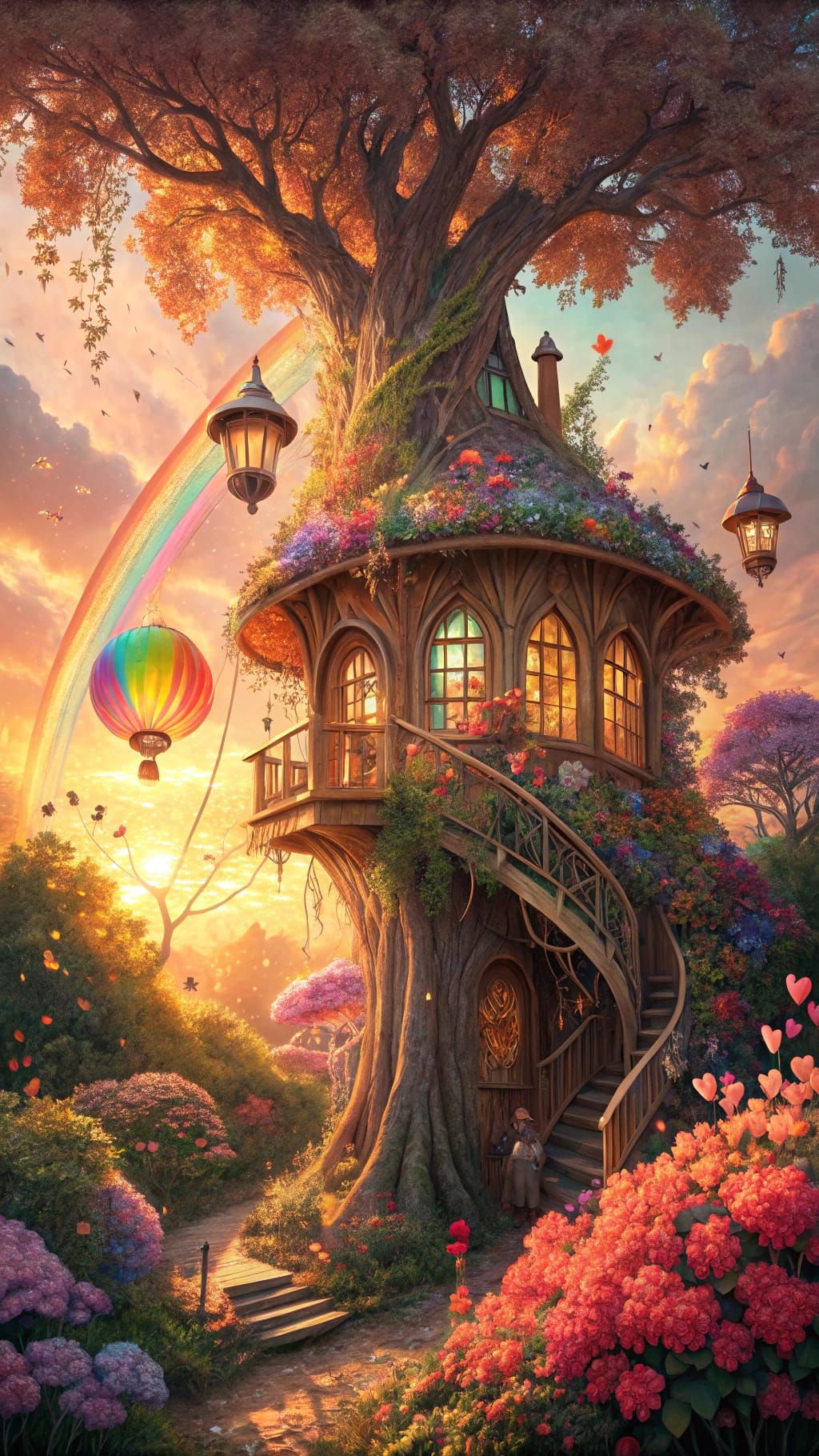 Rainbow Treehouse in Prismatic Garden at Sunset
