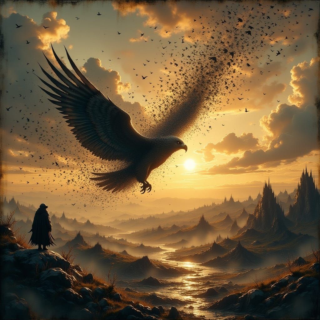 Birds Form Eagle Above Sinister Landscape