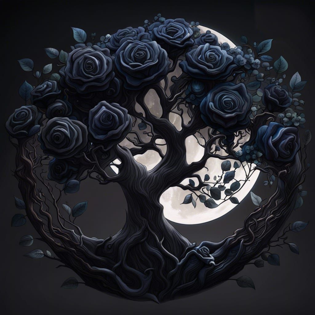 Charcoal Rose Tree Over White Moon: Fantasy Art
