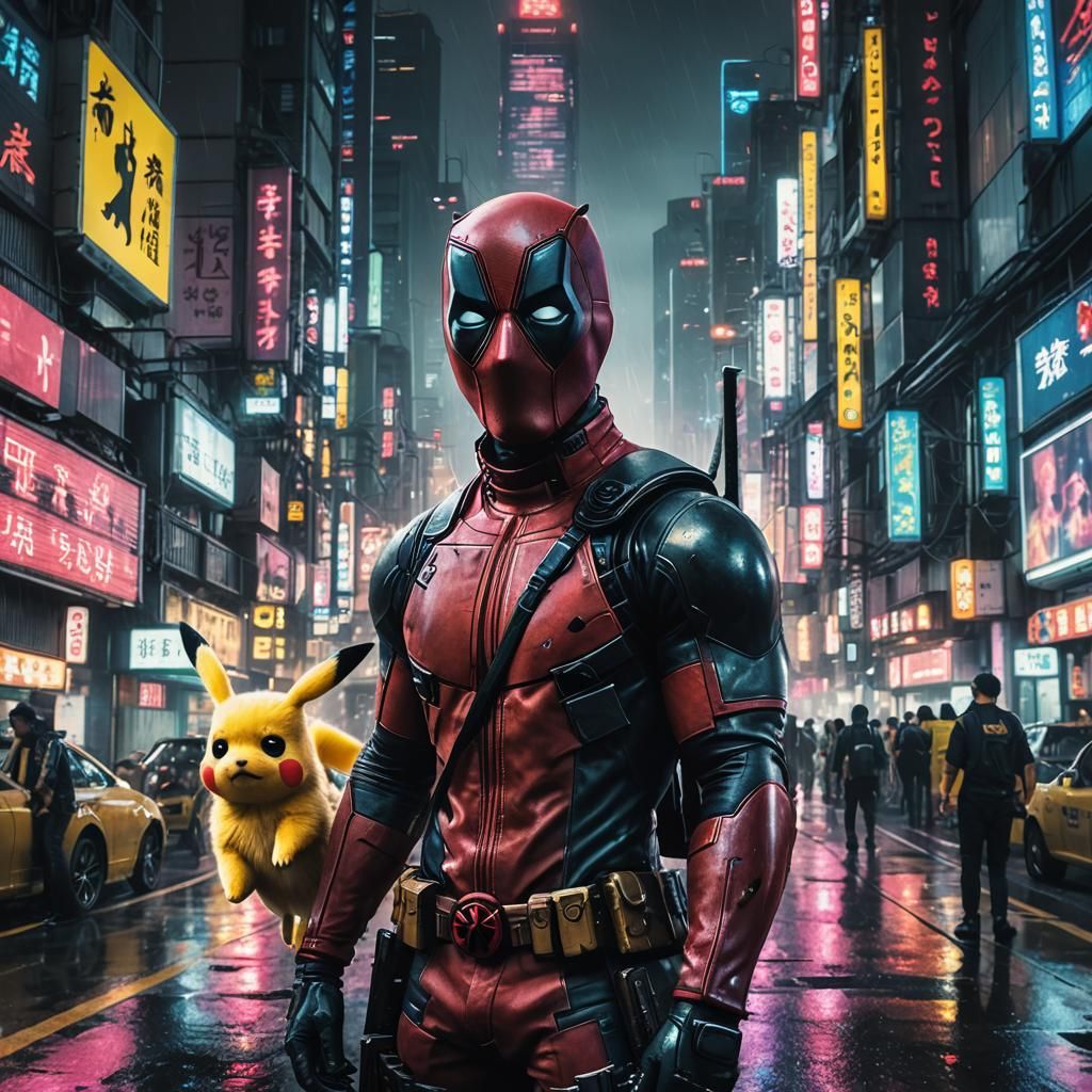 Deadpool and Pikachu in Cyberpunk Tokyo