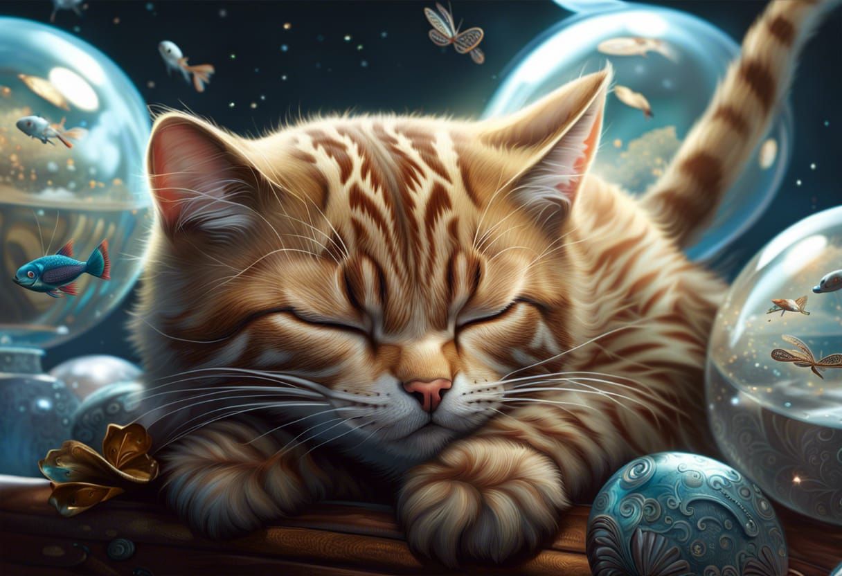Cat's Dream of Flying Fish: Hyperrealistic Digital Art