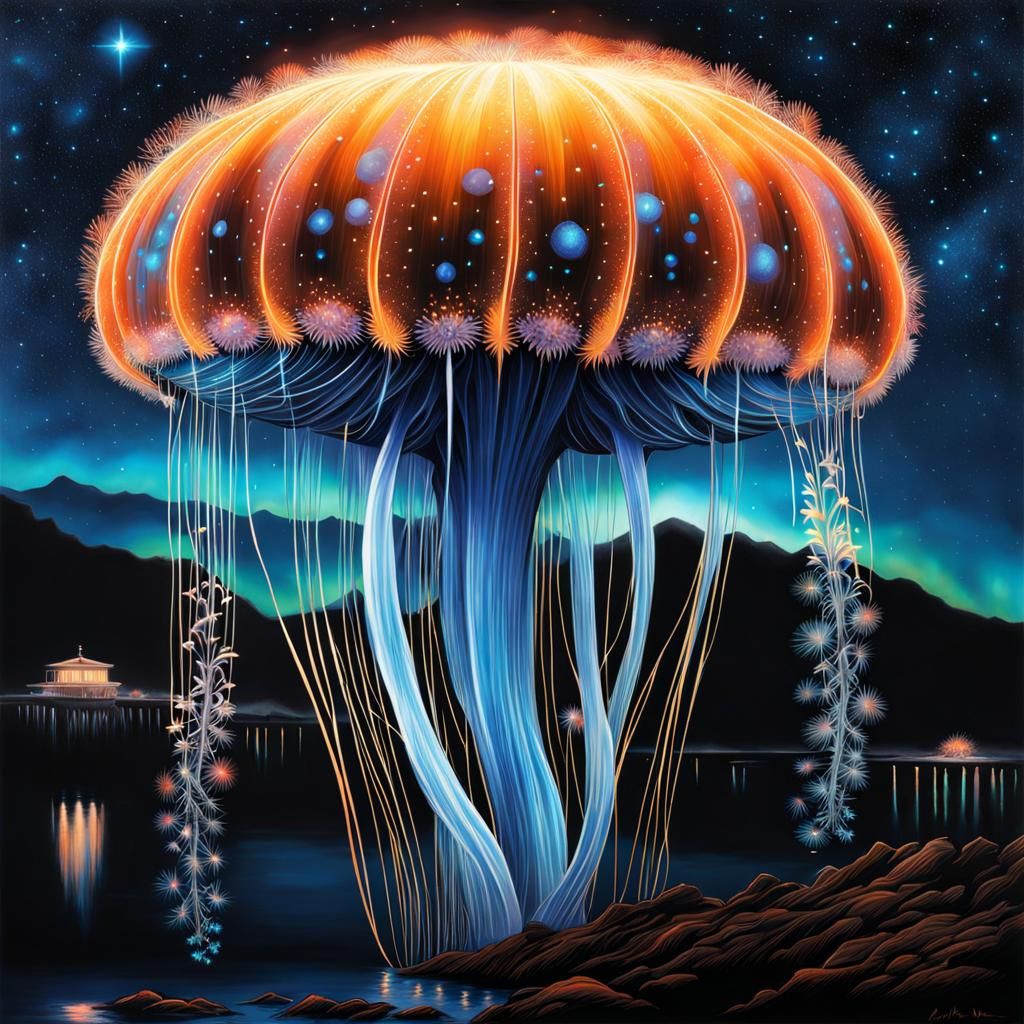Bioluminescent Jellyfish Galaxy in Detailed Pencil Drawing