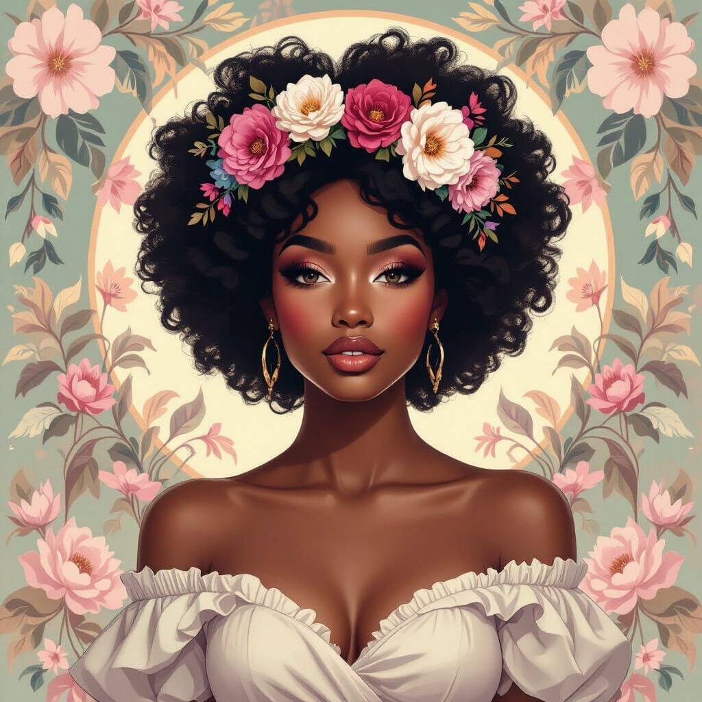 Black Woman with Floral Crown in Digital Art Style