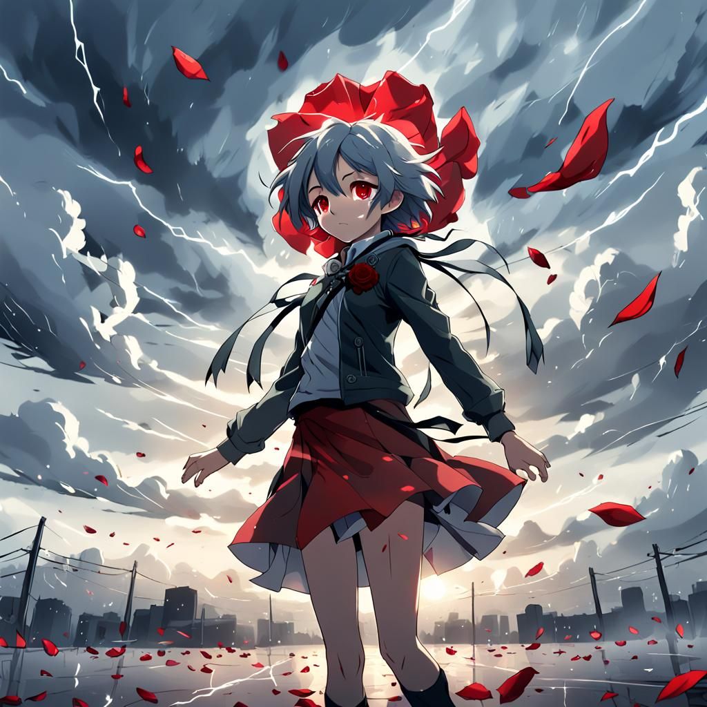 Blood-Red Rose Petal Dancing in Stormy Sky