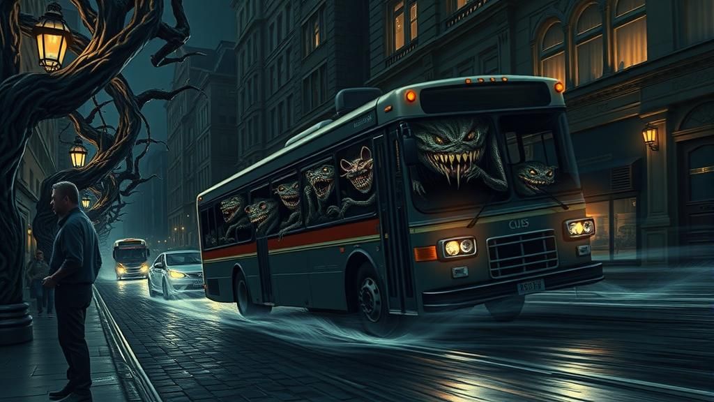 Monstrous Bus on a Dark Street in Gothic Horror Style