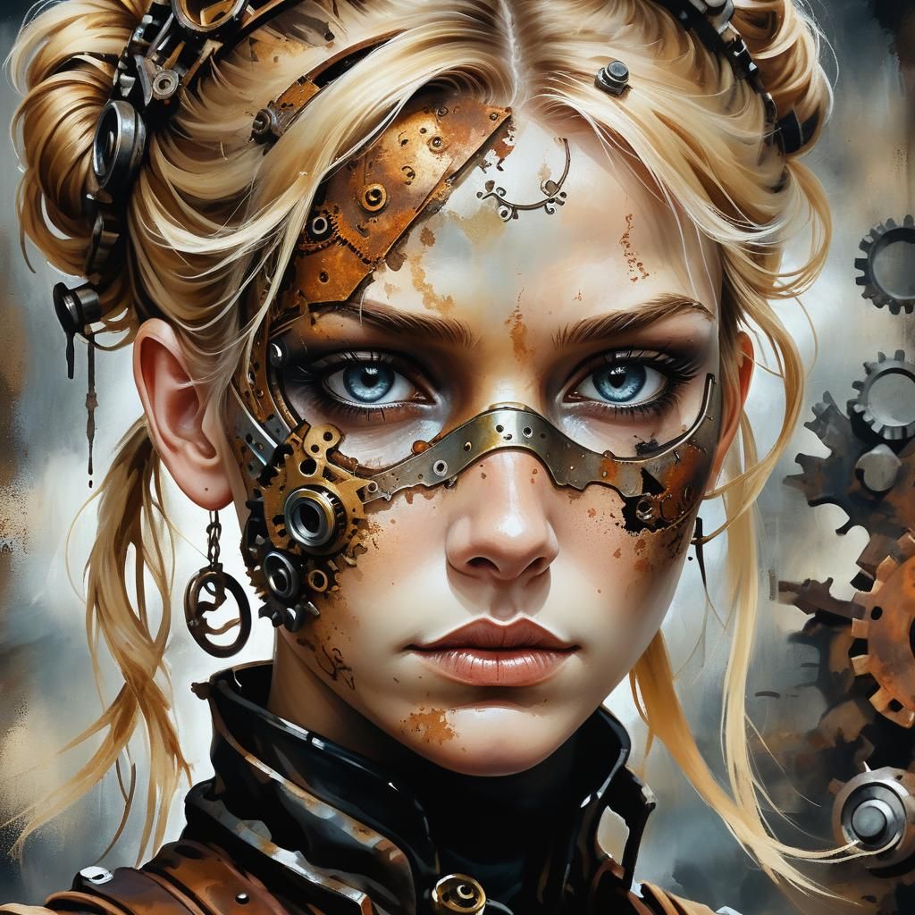 Up close dramatic painting of a steampunk woman. Half of her face is made up of rusted gears. She has dirt under her eye...