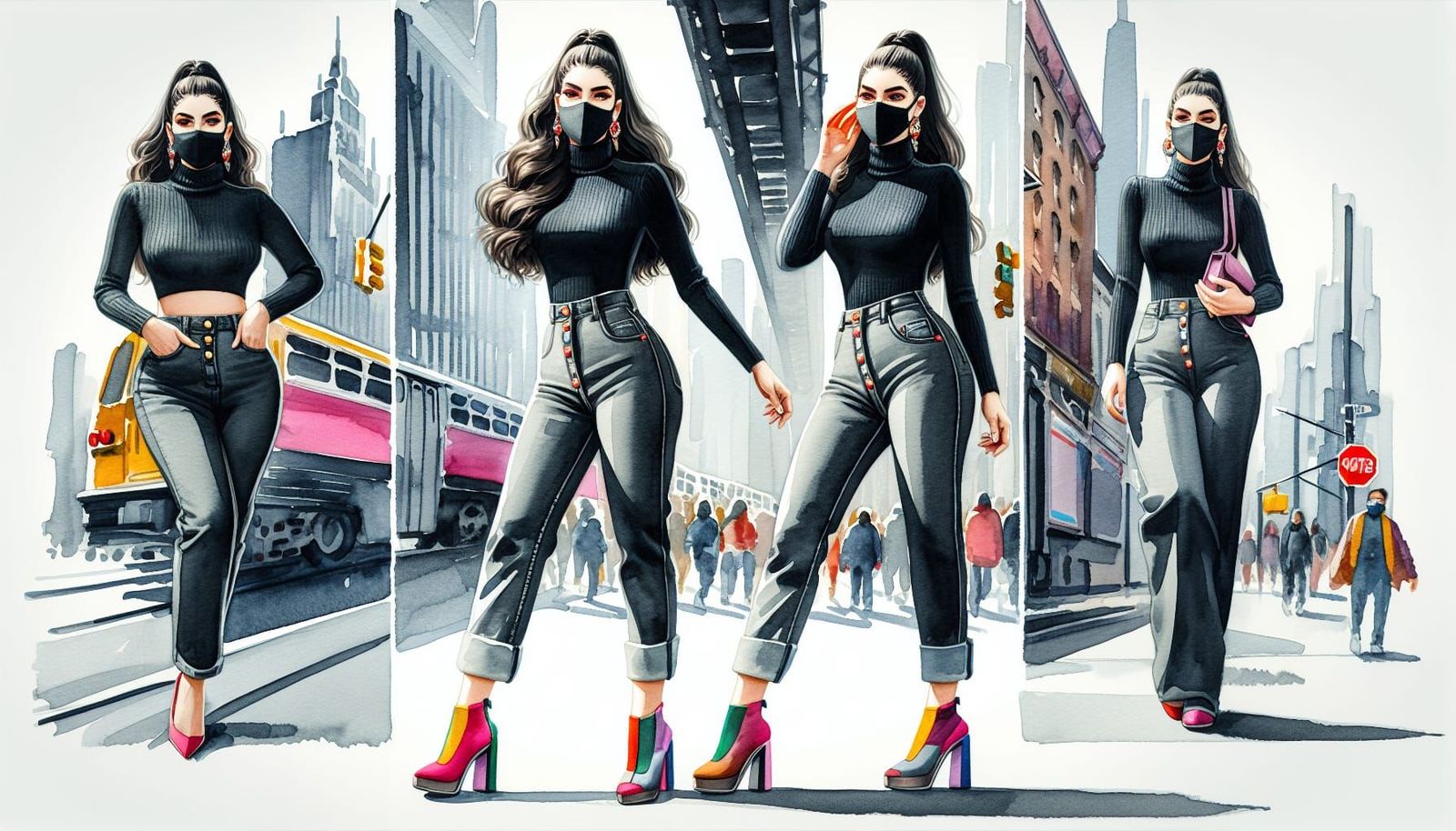 Watercolor of Confident Woman in Urban Cityscape