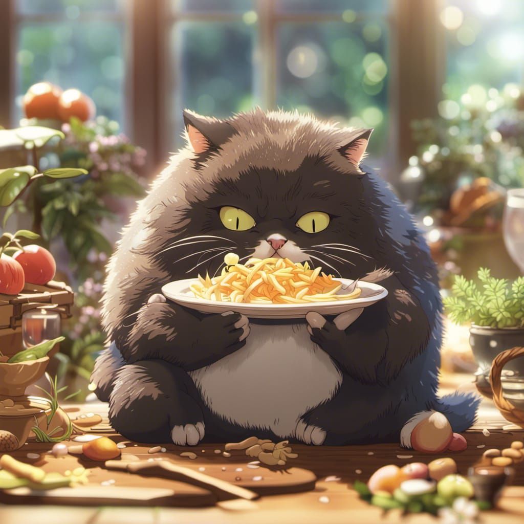 Fat Miniature Cat Eating: Studio Ghibli Anime