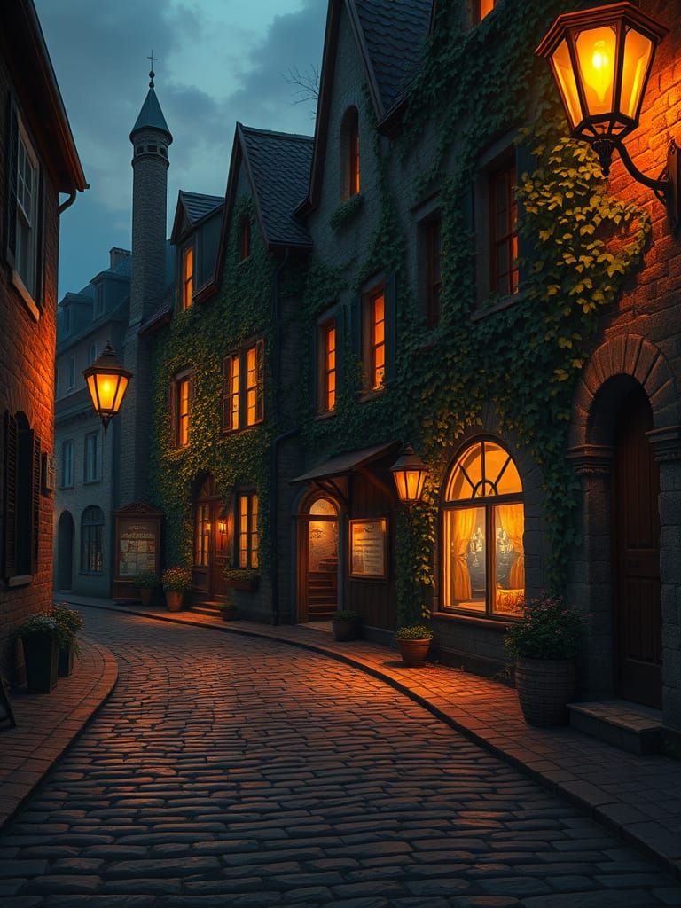 Twilight Village Street Scene in Fantasy Realism Style
