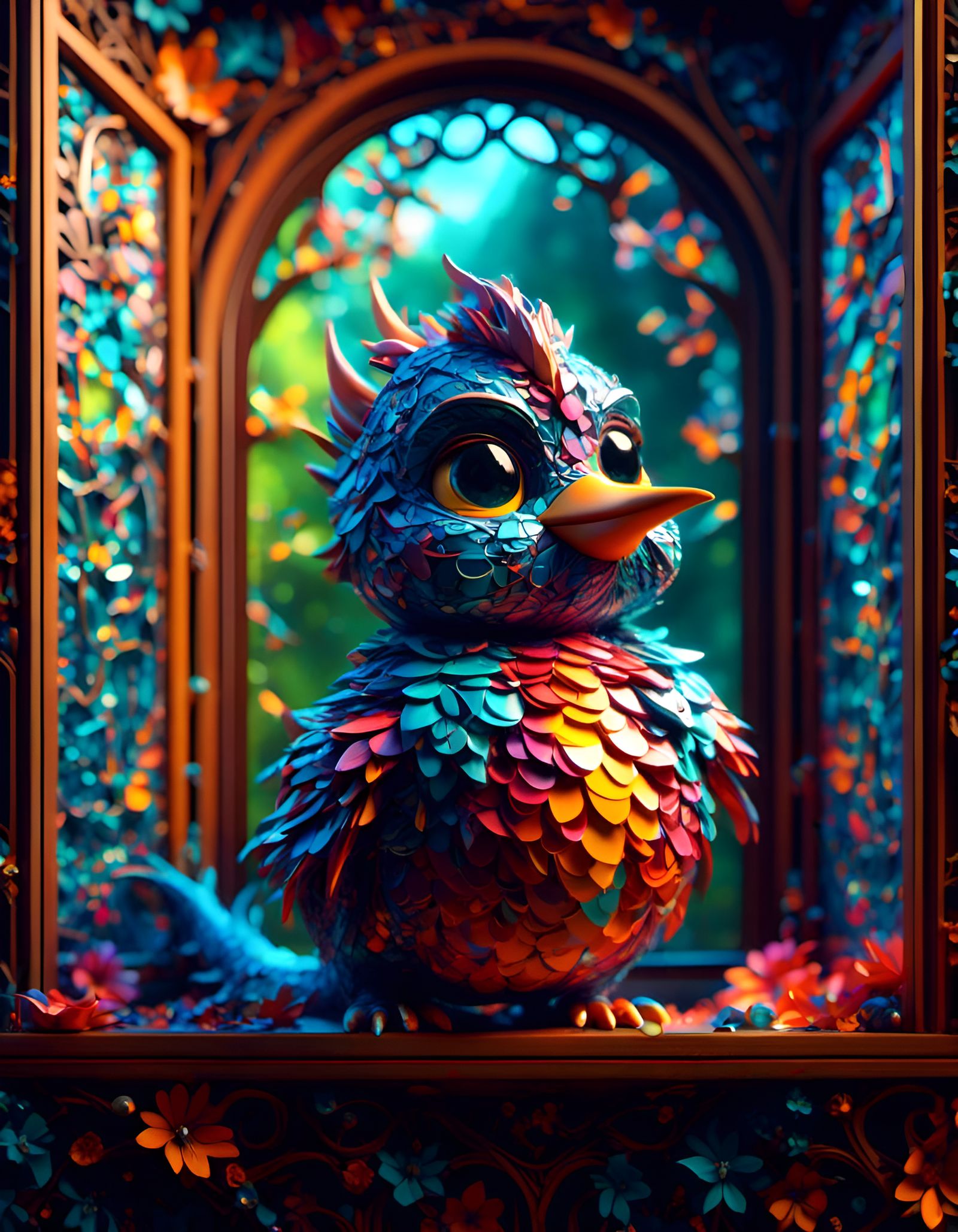 Chibi Bird on Windowsill in Vibrant Colors