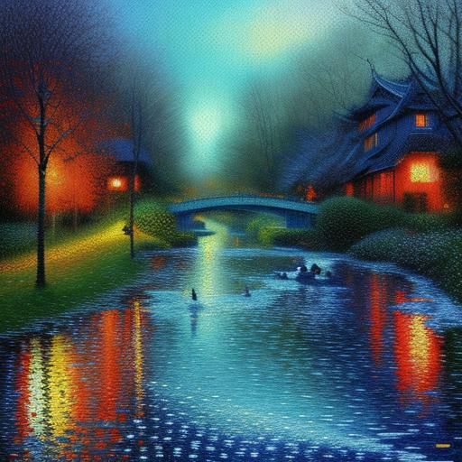 Pointillist Portrait: Japanese Skater in Sunset Landscape